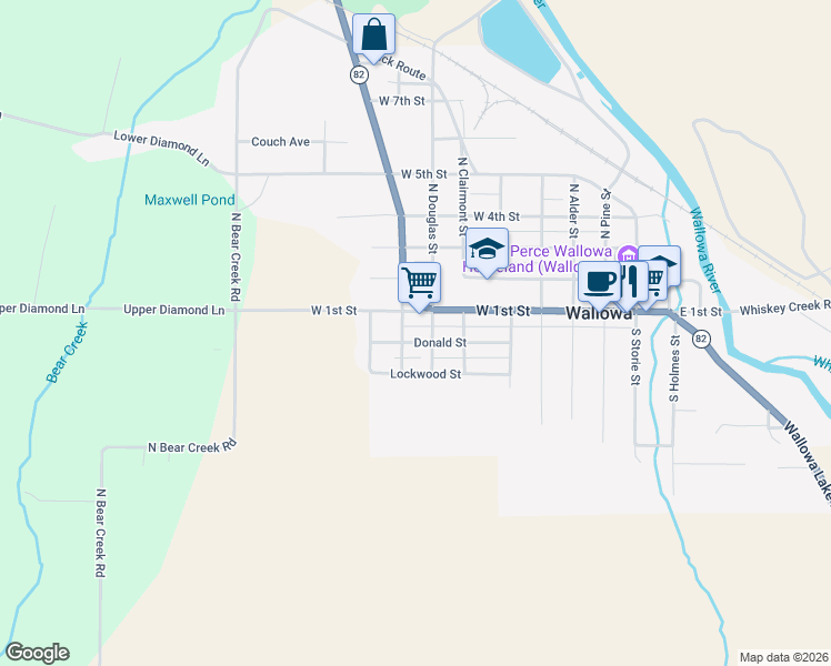 map of restaurants, bars, coffee shops, grocery stores, and more near 508 West 1st Street in Wallowa
