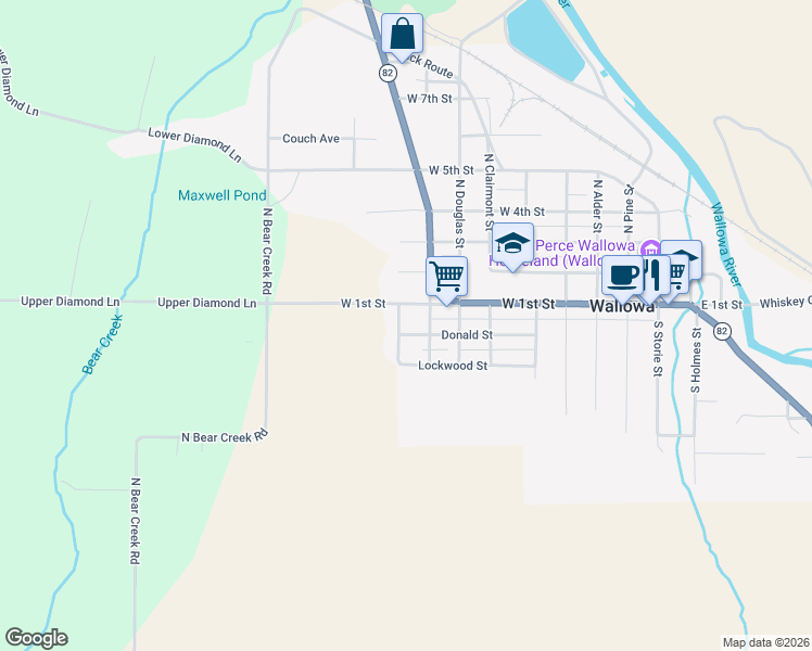 map of restaurants, bars, coffee shops, grocery stores, and more near 704 West 1st Street in Wallowa