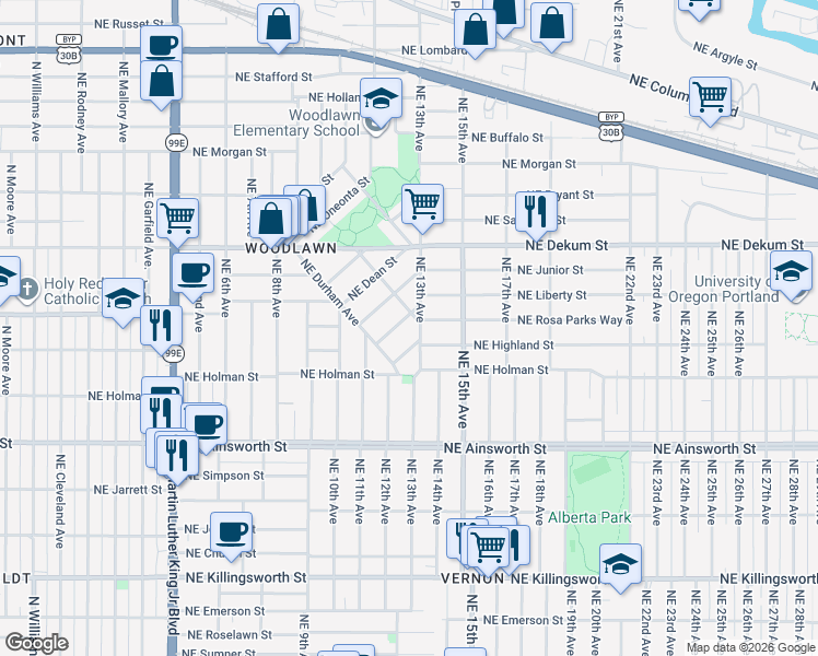 map of restaurants, bars, coffee shops, grocery stores, and more near 6402 Northeast Bellevue Avenue in Portland