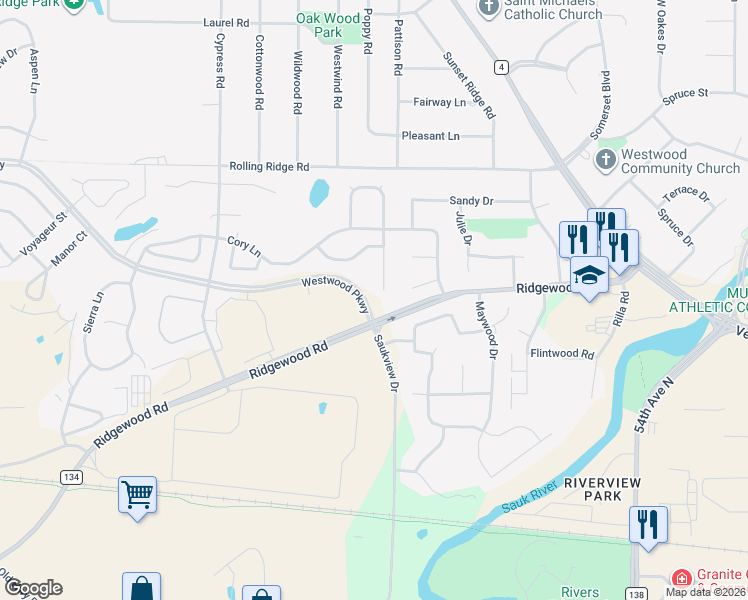 map of restaurants, bars, coffee shops, grocery stores, and more near 1007 Glade View Court in St. Cloud