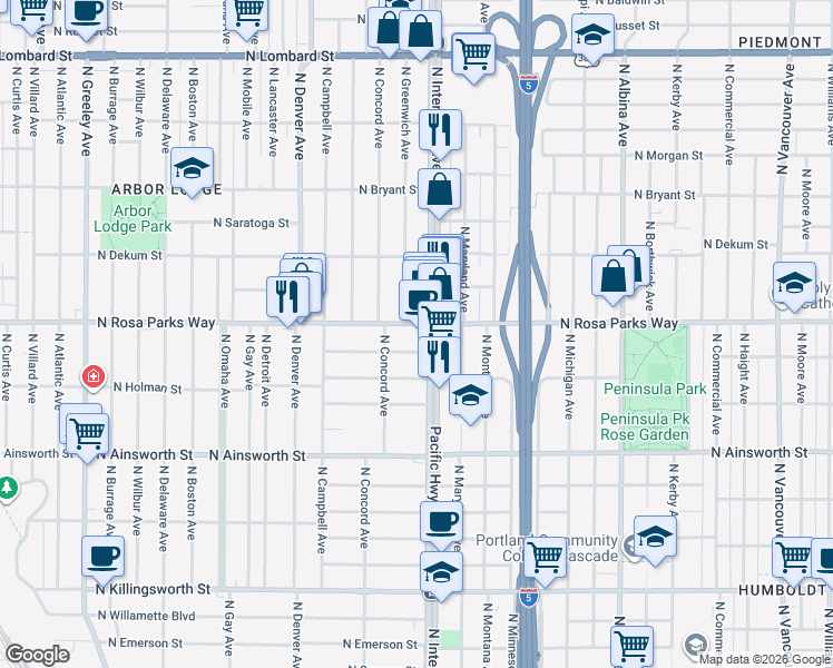 map of restaurants, bars, coffee shops, grocery stores, and more near 1605 North Rosa parks Way in Portland