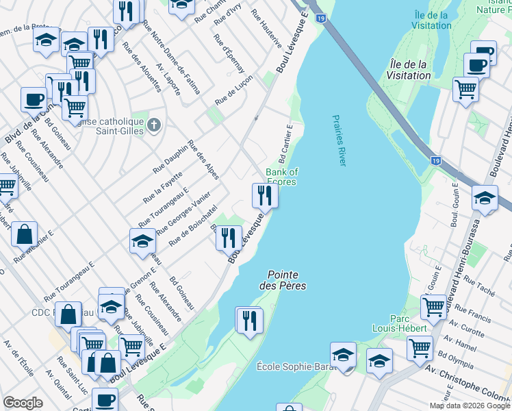 map of restaurants, bars, coffee shops, grocery stores, and more near 350 Boulevard Lévesque Est in Laval