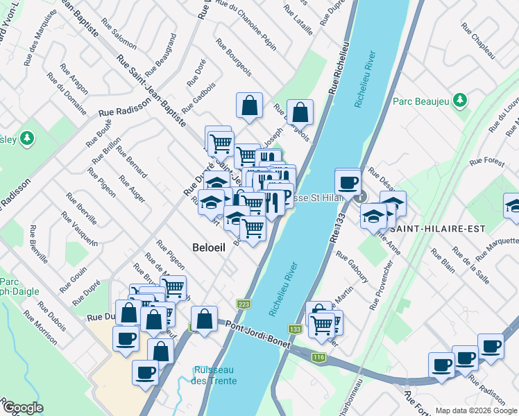 map of restaurants, bars, coffee shops, grocery stores, and more near 68 Rue Saint-Jean-Baptiste in Beloeil