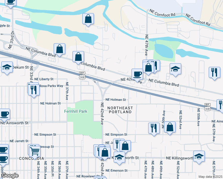 map of restaurants, bars, coffee shops, grocery stores, and more near 4225 Northeast Highland Court in Portland