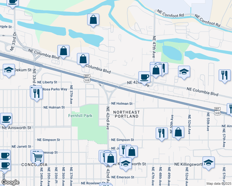 map of restaurants, bars, coffee shops, grocery stores, and more near 4215 Northeast Highland Court in Portland