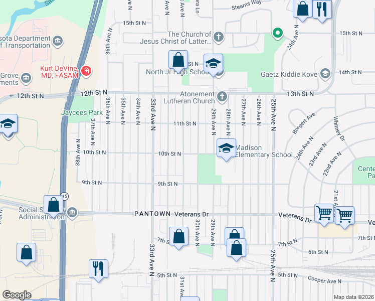 map of restaurants, bars, coffee shops, grocery stores, and more near 1016 31st Avenue North in St. Cloud