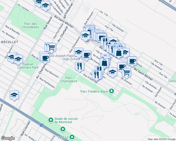 map of restaurants, bars, coffee shops, grocery stores, and more near 9169 2e Avenue in Montréal