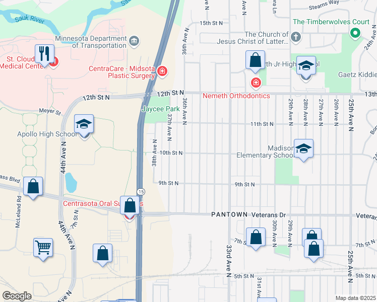 map of restaurants, bars, coffee shops, grocery stores, and more near 3515 10th Street North in Saint Cloud