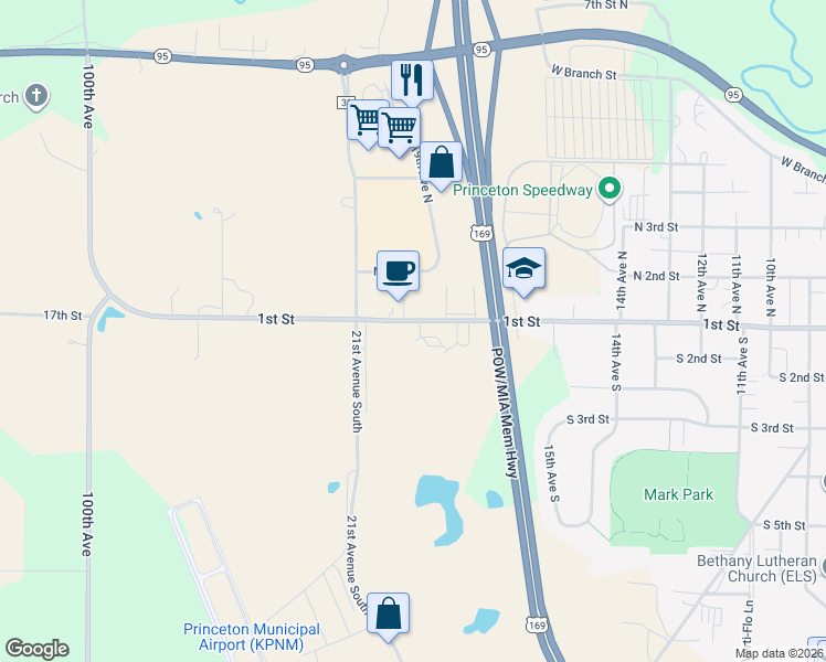 map of restaurants, bars, coffee shops, grocery stores, and more near 1811 1st Street in Princeton