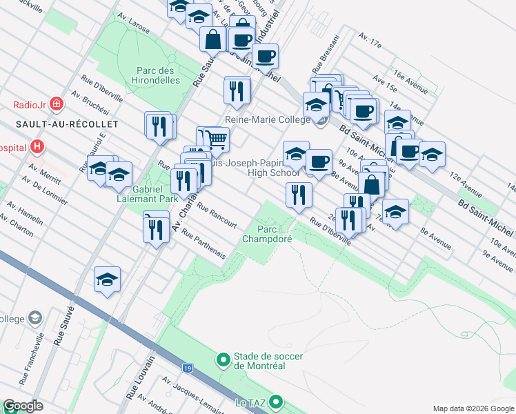 map of restaurants, bars, coffee shops, grocery stores, and more near in Montreal