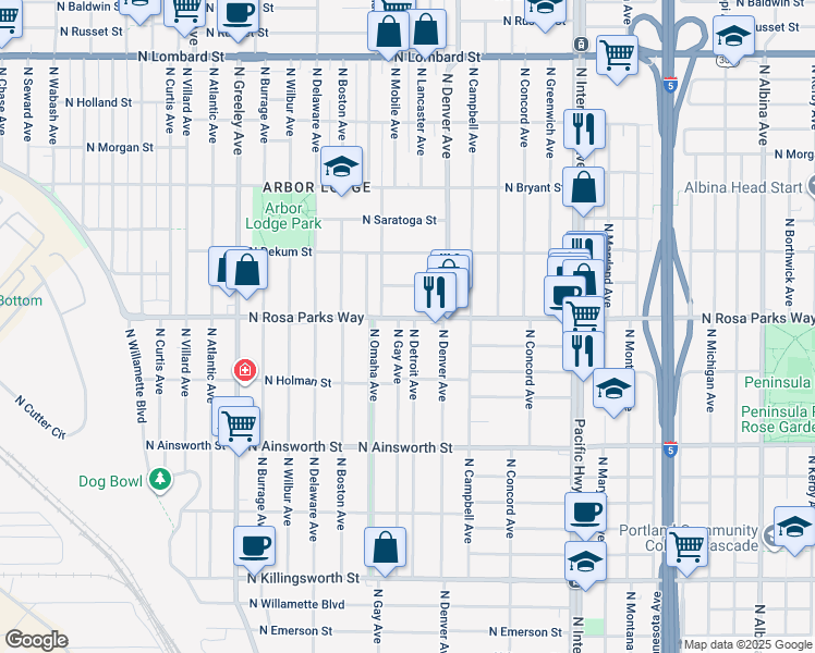 map of restaurants, bars, coffee shops, grocery stores, and more near 2104 North Rosa parks Way in Portland