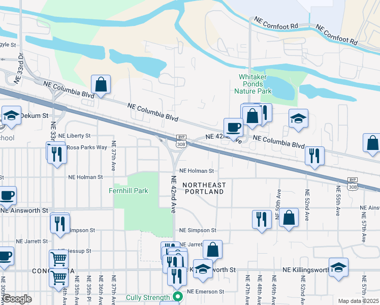 map of restaurants, bars, coffee shops, grocery stores, and more near 4254 Northeast Portland Highway in Portland