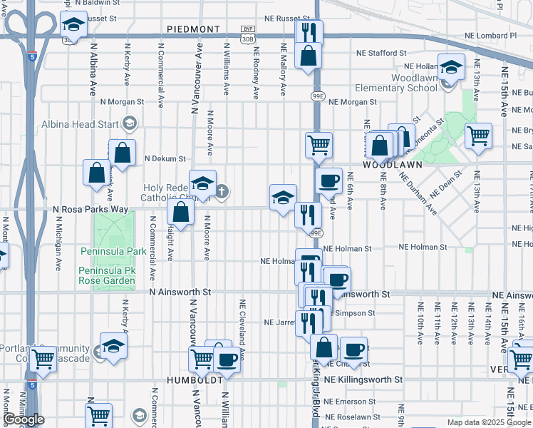 map of restaurants, bars, coffee shops, grocery stores, and more near 149 Northeast Rosa Parks Way in Portland