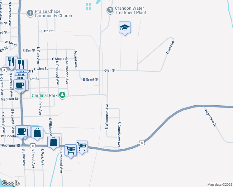 map of restaurants, bars, coffee shops, grocery stores, and more near 701 East Madison Street in Crandon