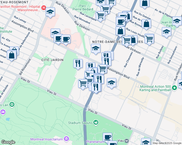 map of restaurants, bars, coffee shops, grocery stores, and more near 5333 Rue Sherbrooke Est in Montréal