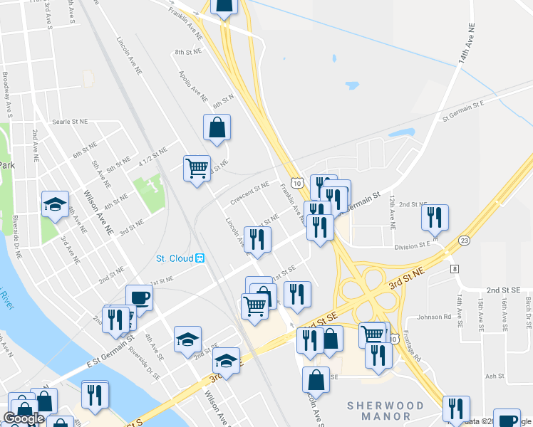 map of restaurants, bars, coffee shops, grocery stores, and more near 103 7th Avenue Northeast in Saint Cloud