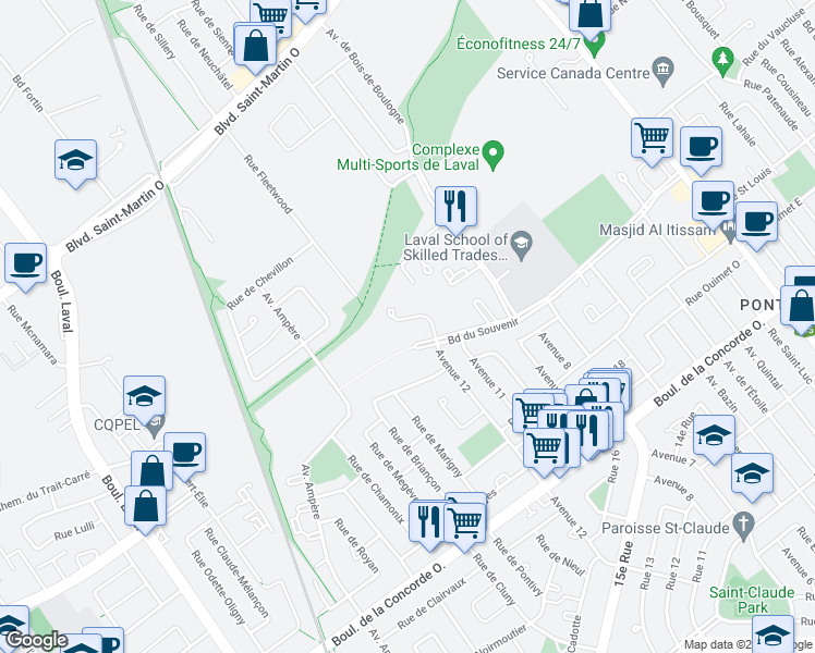 map of restaurants, bars, coffee shops, grocery stores, and more near 706 Place de Monaco in Laval