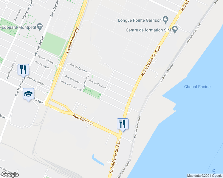 map of restaurants, bars, coffee shops, grocery stores, and more near 691 Rue de Cadillac in Montréal