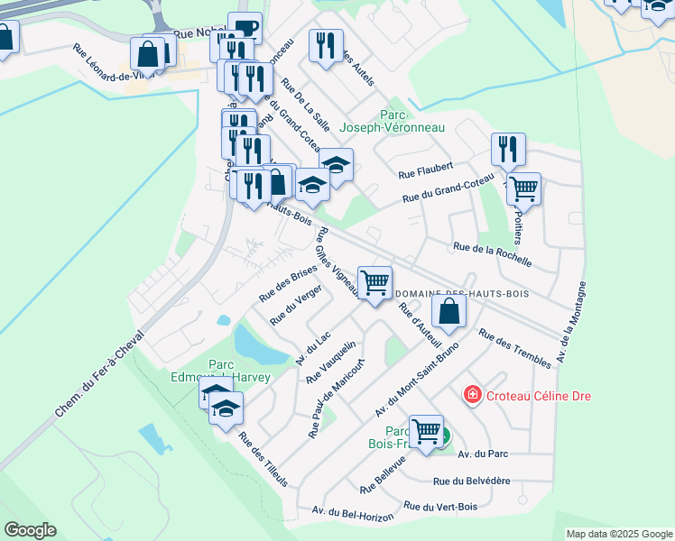 map of restaurants, bars, coffee shops, grocery stores, and more near Rue Gilles Vigneault in Sainte-Julie