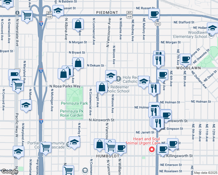 map of restaurants, bars, coffee shops, grocery stores, and more near 134 North Rosa parks Way in Portland