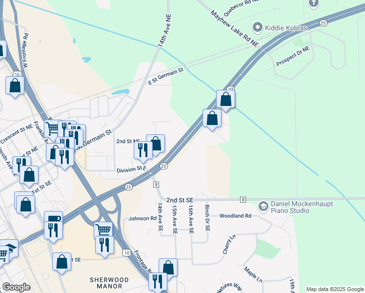 map of restaurants, bars, coffee shops, grocery stores, and more near 1540 Highway 23 in Saint Cloud