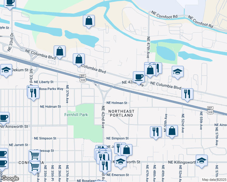 map of restaurants, bars, coffee shops, grocery stores, and more near 4254 Northeast Portland Highway in Portland