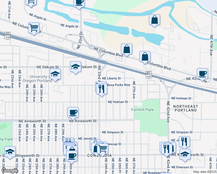 map of restaurants, bars, coffee shops, grocery stores, and more near 3406 Northeast Rosa Parks Way in Portland