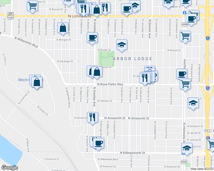 map of restaurants, bars, coffee shops, grocery stores, and more near 2622 North Rosa parks Way in Portland