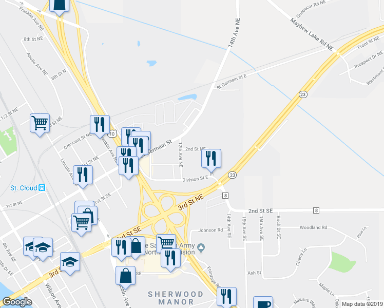 map of restaurants, bars, coffee shops, grocery stores, and more near 52 12th Avenue Northeast in St. Cloud