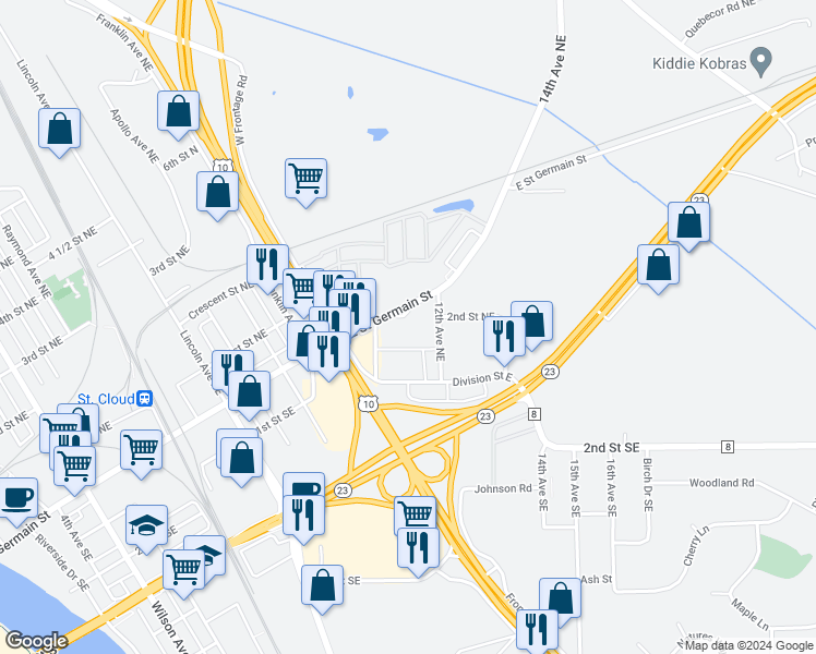 map of restaurants, bars, coffee shops, grocery stores, and more near 1034 East Saint Germain Street in St. Cloud