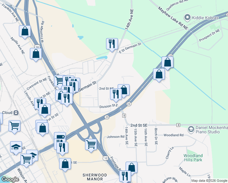 map of restaurants, bars, coffee shops, grocery stores, and more near 1310 2nd Street Northeast in St. Cloud