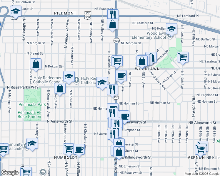 map of restaurants, bars, coffee shops, grocery stores, and more near 6454 Northeast Garfield Avenue in Portland