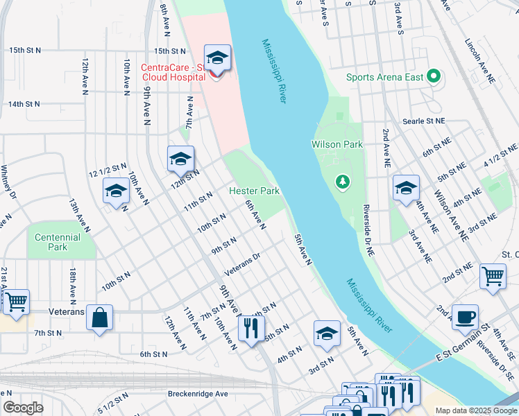 map of restaurants, bars, coffee shops, grocery stores, and more near 900 6th Avenue North in St. Cloud