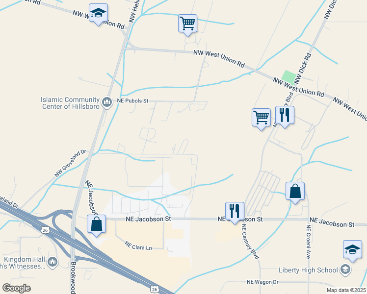 map of restaurants, bars, coffee shops, grocery stores, and more near 23305 Northwest Schaff Road in Hillsboro