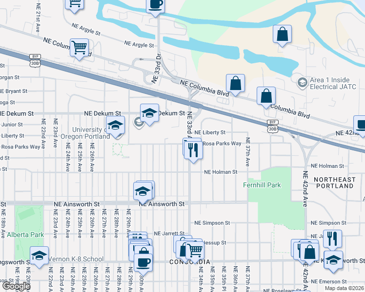 map of restaurants, bars, coffee shops, grocery stores, and more near 6507 Northeast 33rd Avenue in Portland