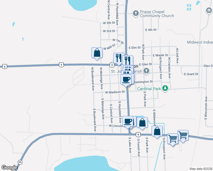 map of restaurants, bars, coffee shops, grocery stores, and more near 303 West Washington Street in Crandon