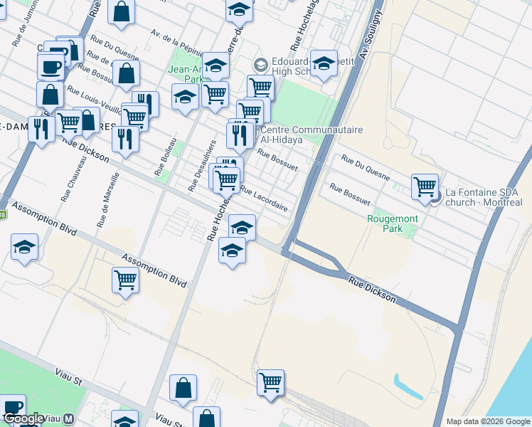 map of restaurants, bars, coffee shops, grocery stores, and more near 2341 Rue Monsabré in Montréal