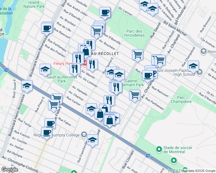 map of restaurants, bars, coffee shops, grocery stores, and more near 9954 Avenue Merritt in Montréal
