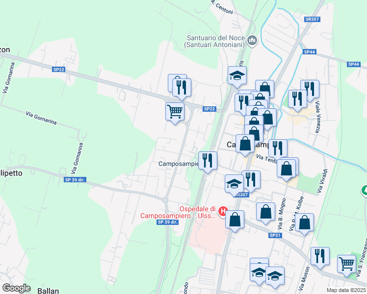 map of restaurants, bars, coffee shops, grocery stores, and more near 13 Via Pasubio in Camposampiero