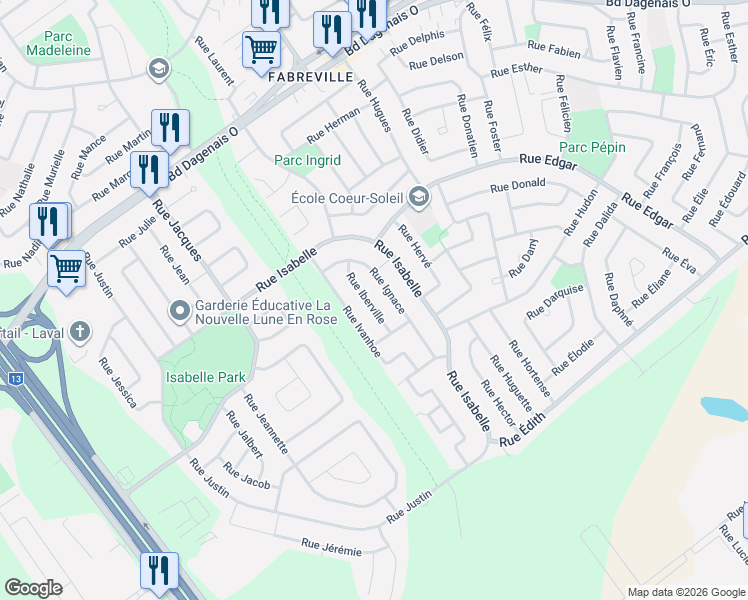 map of restaurants, bars, coffee shops, grocery stores, and more near 464 Rue Iberville in Laval
