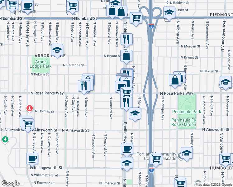 map of restaurants, bars, coffee shops, grocery stores, and more near North Rosa parks Way in Portland