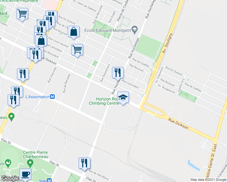 map of restaurants, bars, coffee shops, grocery stores, and more near 2550 Rue Dickson in Montreal