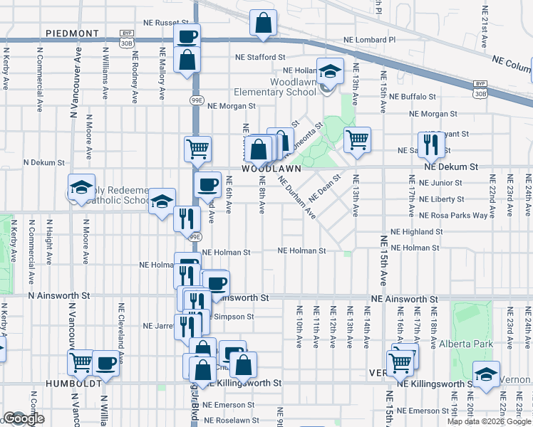 map of restaurants, bars, coffee shops, grocery stores, and more near 842 Northeast Rosa Parks Way in Portland