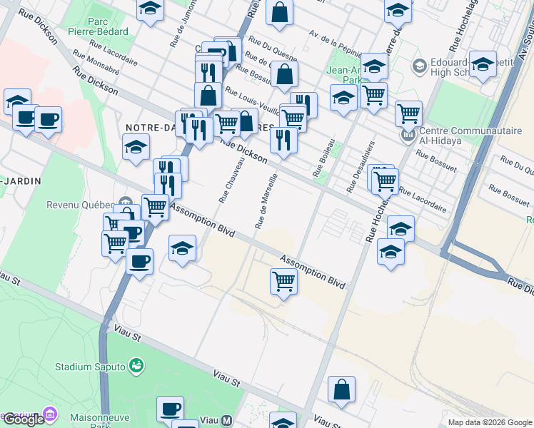 map of restaurants, bars, coffee shops, grocery stores, and more near 5630 Rue de Marseille in Montréal
