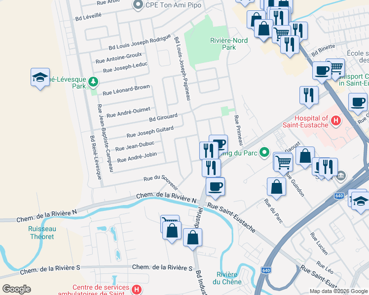 map of restaurants, bars, coffee shops, grocery stores, and more near 556 Rue Jean-Baptiste-Toupin in Saint-Eustache