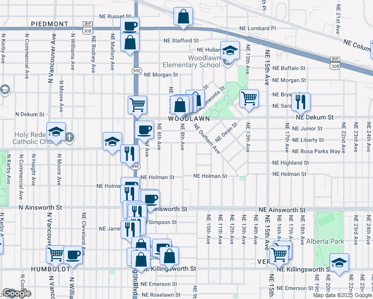 map of restaurants, bars, coffee shops, grocery stores, and more near 6458 Northeast 8th Avenue in Portland
