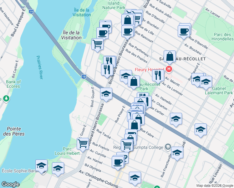 map of restaurants, bars, coffee shops, grocery stores, and more near 10605 Avenue Papineau in Montréal