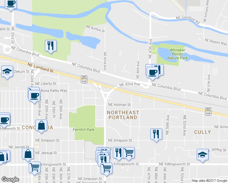 map of restaurants, bars, coffee shops, grocery stores, and more near 4254 Northeast Portland Highway in Portland