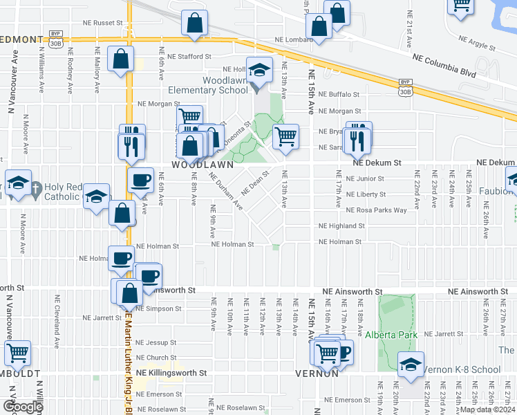 map of restaurants, bars, coffee shops, grocery stores, and more near 1136 Northeast Lenore Street in Portland