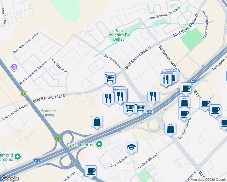map of restaurants, bars, coffee shops, grocery stores, and more near 3460 Boulevard Saint-Elzéar Ouest in Laval